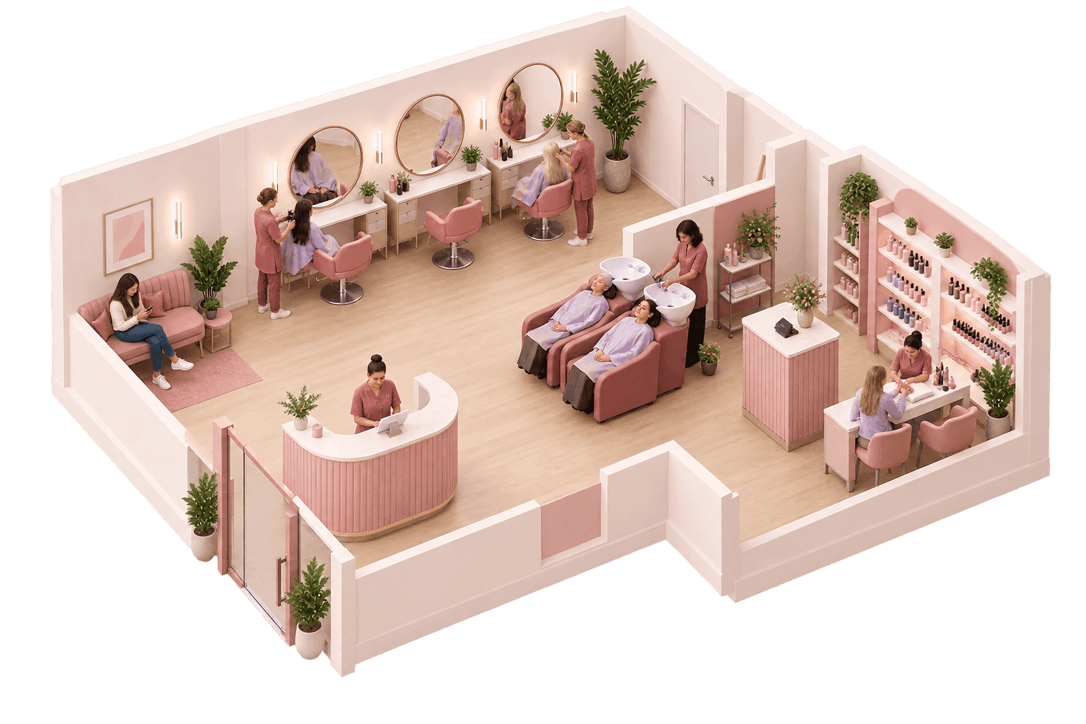 Planta isométrica de um salão de beleza com recepção, cadeiras de corte, lavatório, mesa de manicure e vitrine de produtos — os seis pontos que a Bonitta conecta em uma só plataforma.